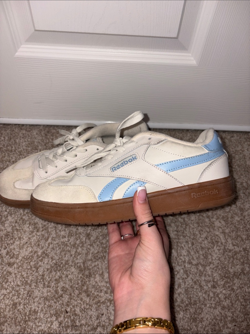 Reebok Cream and Light Blue Low-Top Sneakers with Gum Sole